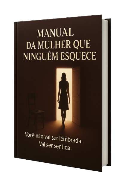 Capa do livro Manual da Mulher Que Ninguém Esquece – silhueta feminina saindo de um ambiente escuro com postura firme, deixando um celular sobre uma cadeira vazia, luz ao fundo indicando libertação emocional.